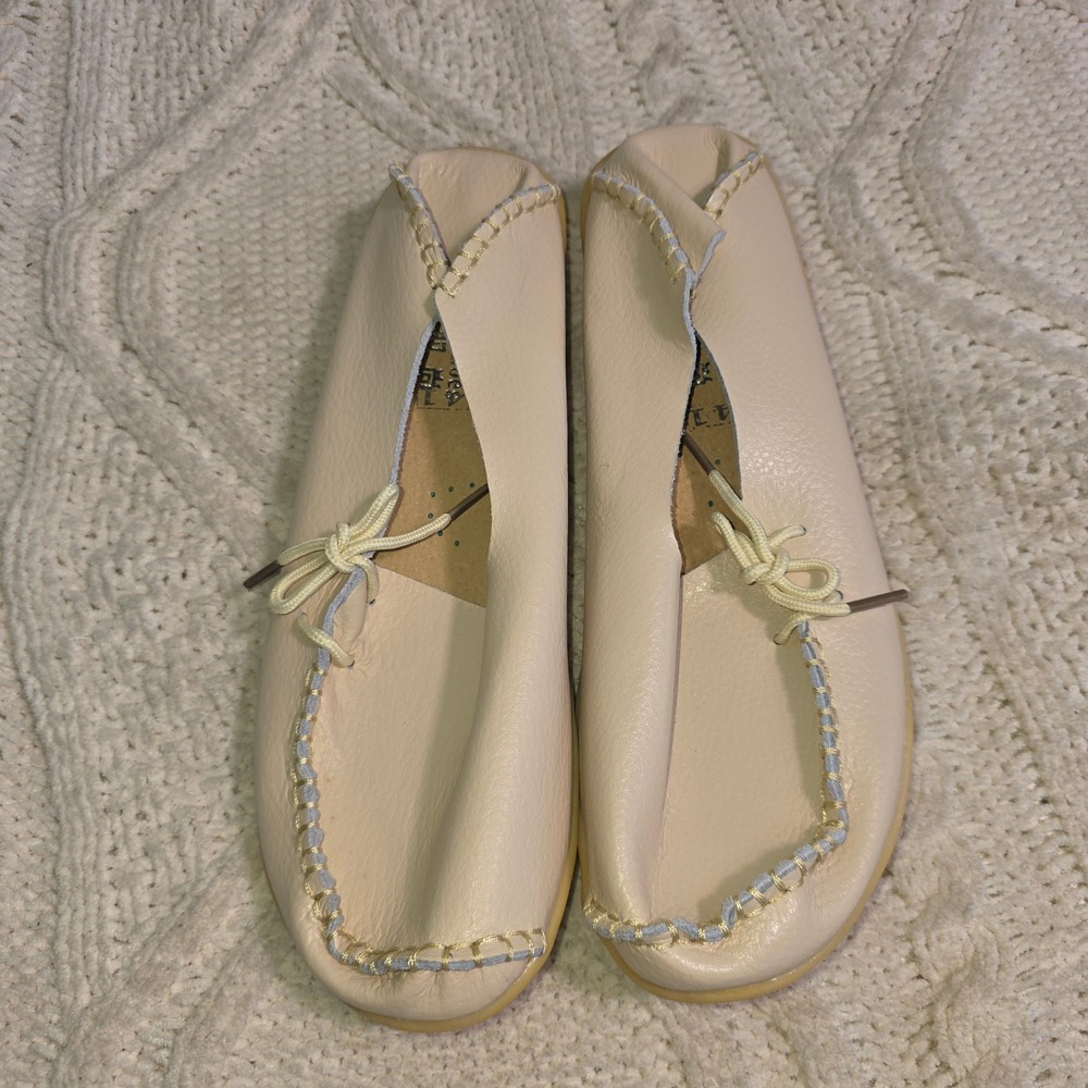 All Leather‎ Moccasin Loafers Fold Down Heel Beige Cream Womens 41 NEW
